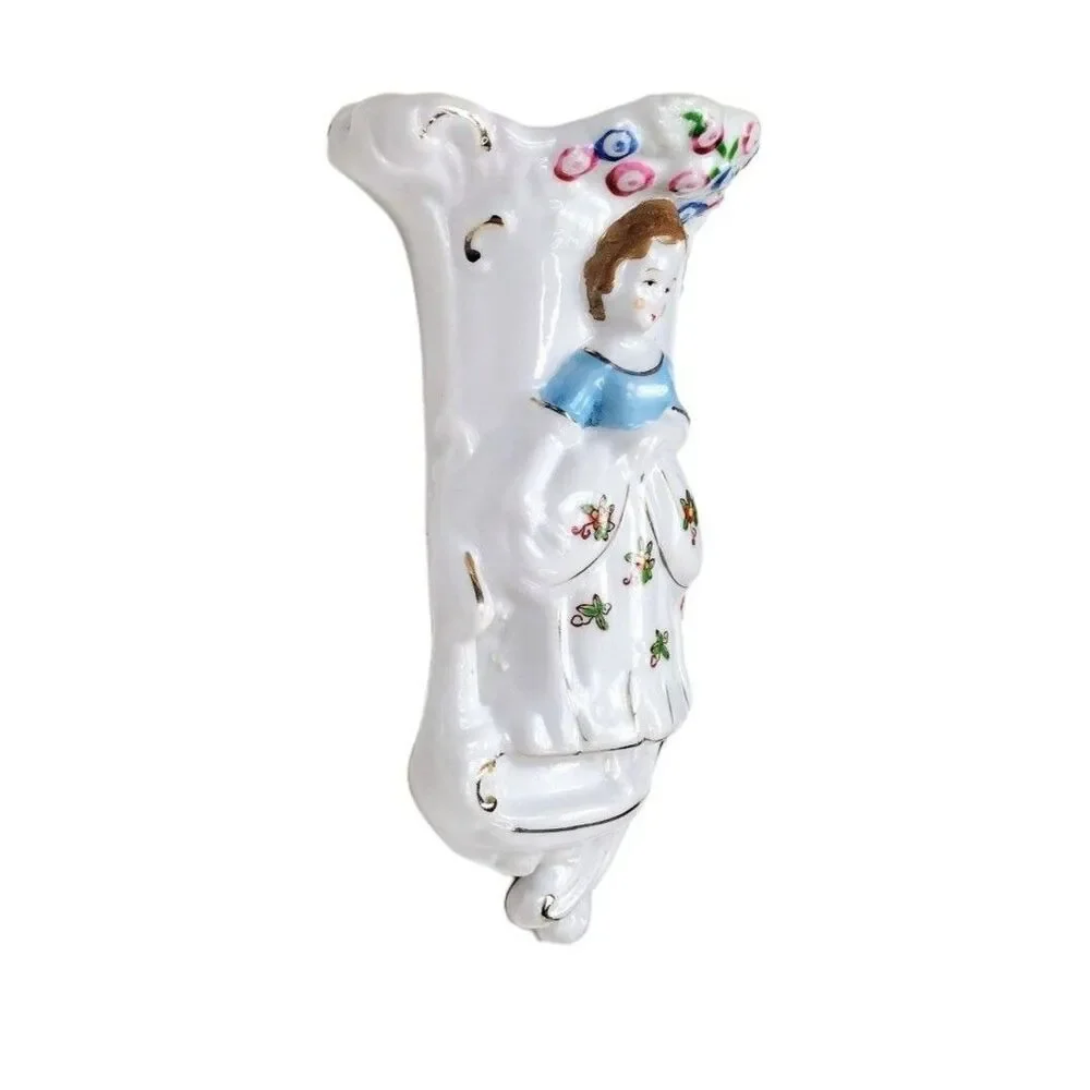 VTG 40s Hand Painted  Porcelain Victorian Lady & Flowers Pocket Wall Vase Japan